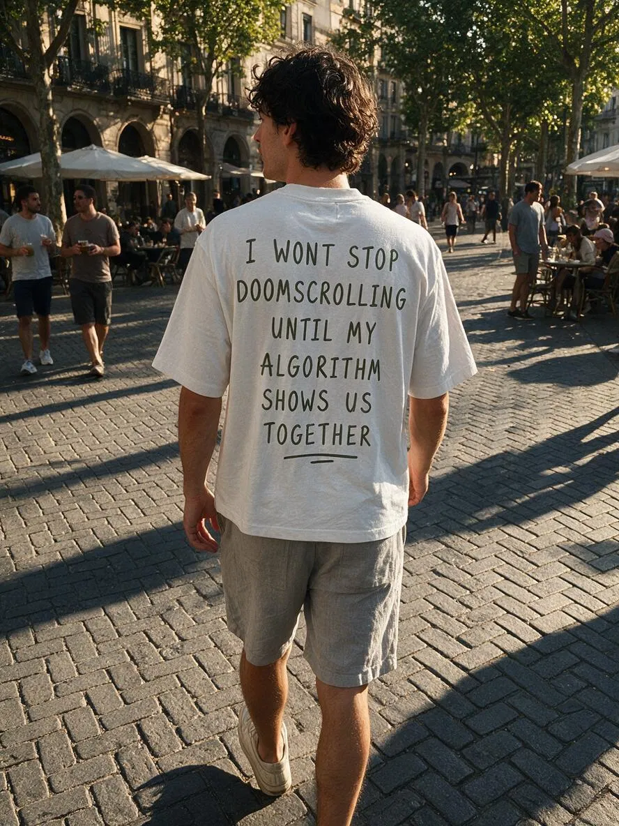 Doomscroll 'Away' Tee worn in a plaza