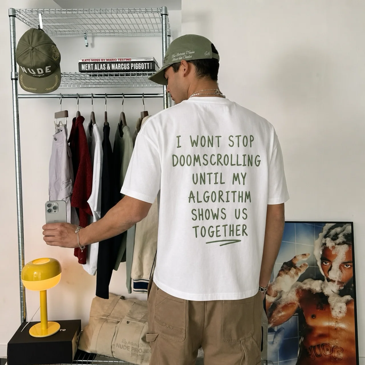 Doomscroll 'Away' Tee worn at home