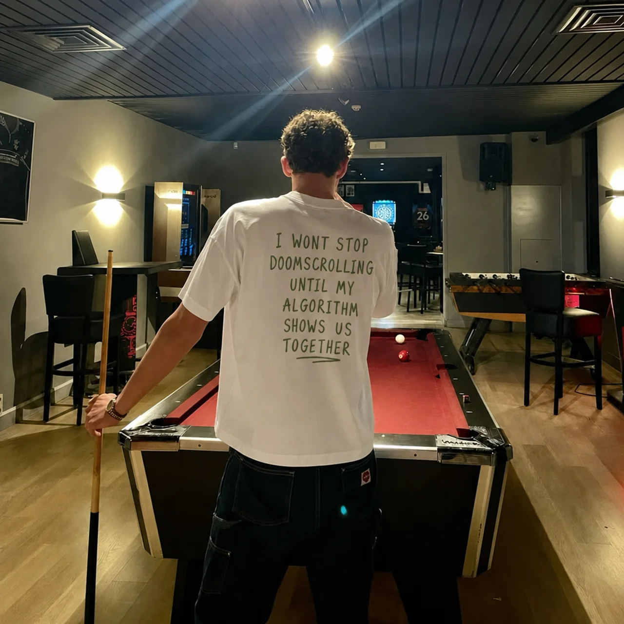 Doomscroll 'Away' Tee worn playing pool